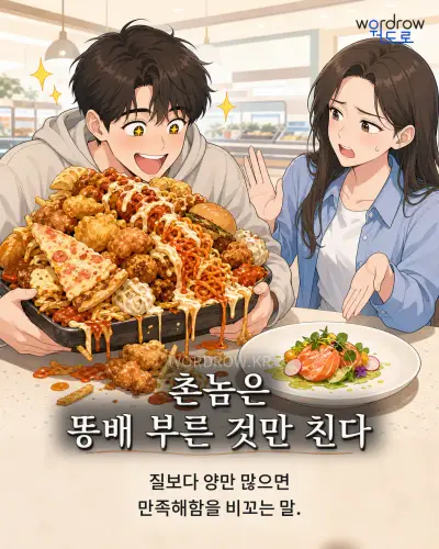 한국어 속담 “촌놈은 똥배 부른 것만 친다” 1컷 일러스트