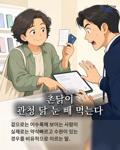 한국어 속담 “촌닭이 관청 닭 눈 빼 먹는다” 1컷 일러스트