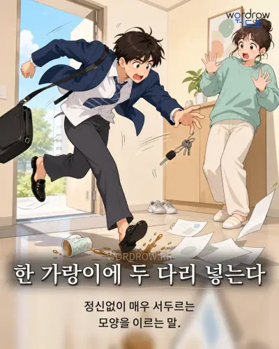 한국어 속담 “한 가랑이에 두 다리 넣는다” 1컷 일러스트