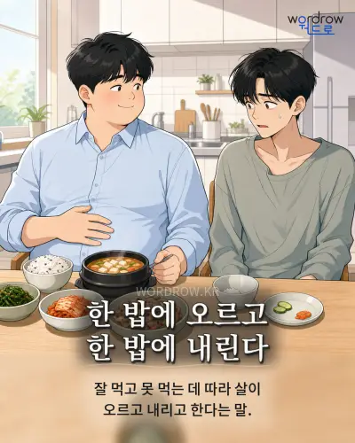 한국어 속담 “한 밥에 오르고 한 밥에 내린다” 1컷 일러스트