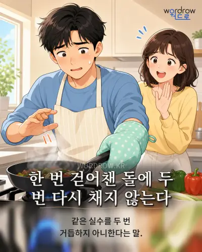 한국어 속담 “한 번 걷어챈 돌에 두 번 다시 채지 않는다” 1컷 일러스트