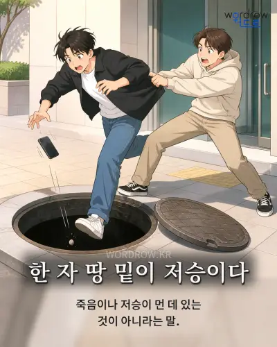 한국어 속담 “한 자 땅 밑이 저승이다” 1컷 일러스트