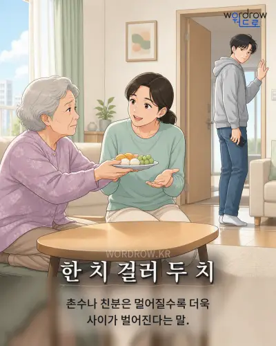 한국어 속담 “한 치 걸러 두 치” 1컷 일러스트