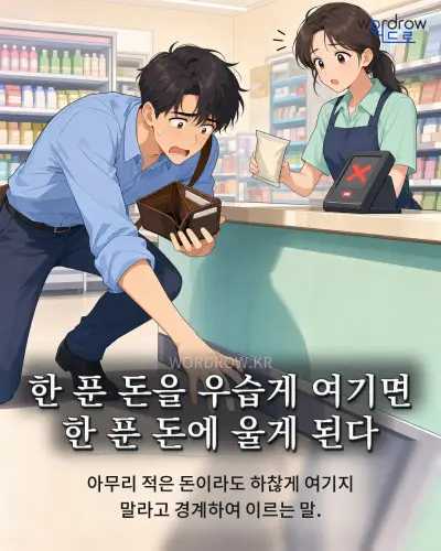 한국어 속담 “한 푼 돈을 우습게 여기면 한 푼 돈에 울게 된다” 1컷 일러스트