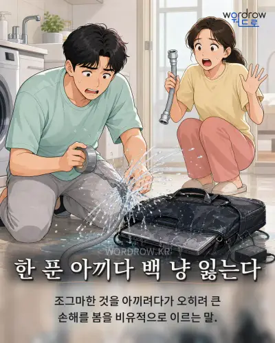 한국어 속담 “한 푼 아끼다 백 냥 잃는다” 1컷 일러스트