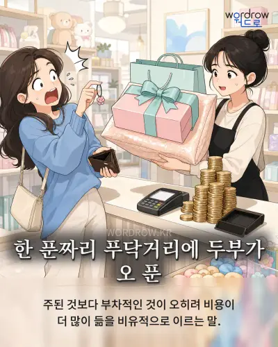 한국어 속담 “한 푼짜리 푸닥거리에 두부가 오 푼” 1컷 일러스트