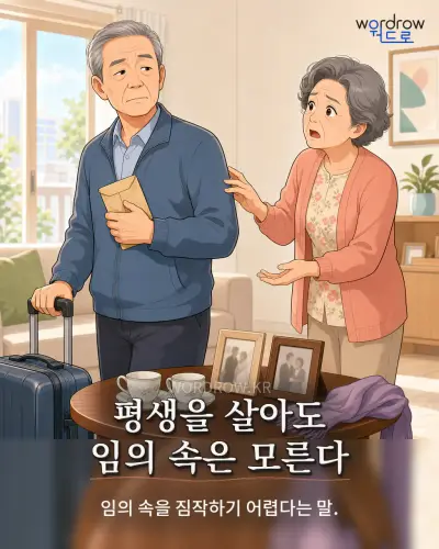 한국어 속담 “평생을 살아도 임의 속은 모른다”를 한 장면으로 담은 1컷 일러스트
