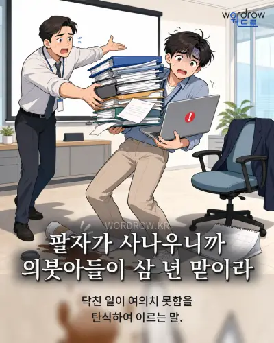 한국어 속담 “팔자가 사나우니까 의붓아들이 삼 년 맏이라”를 한 장면으로 담은 1컷 일러스트