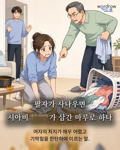 한국어 속담 “팔자가 사나우면 시아비가 삼간 마루로 하나” 1컷 일러스트