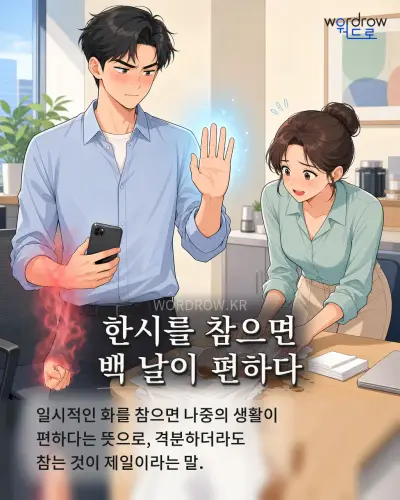 한국어 속담 “한시를 참으면 백 날이 편하다” 1컷 일러스트