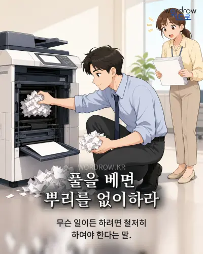 한국어 속담 “풀을 베면 뿌리를 없이하라” 1컷 일러스트
