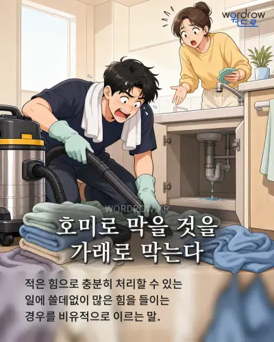 한국어 속담 “호미로 막을 것을 가래로 막는다” 1컷 일러스트