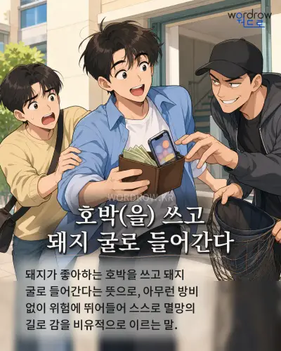 한국어 속담 “호박(을) 쓰고 돼지 굴로 들어간다” 1컷 일러스트