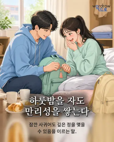 한국어 속담 “하룻밤을 자도 만리성을 쌓는다” 1컷 일러스트