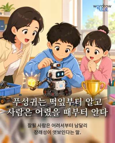 한국어 속담 “푸성귀는 떡잎부터 알고 사람은 어렸을 때부터 안다” 1컷 일러스트