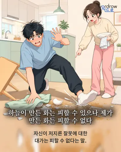 한국어 속담 “하늘이 만든 화는 피할 수 있으나 제가 만든 화는 피할 수 없다” 1컷 일러스트