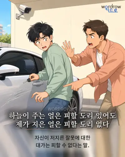 한국어 속담 “하늘이 주는 얼은 피할 도리 있어도 제가 지은 얼은 피할 도리 없다” 1컷 일러스트