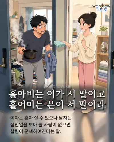 한국어 속담 “홀아비는 이가 서 말이고 홀어미는 은이 서 말이라” 1컷 일러스트