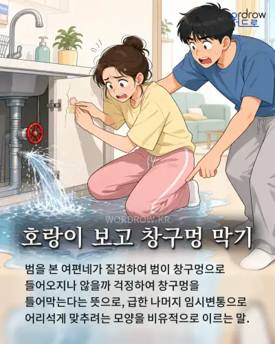 한국어 속담 “호랑이 보고 창구멍 막기” 1컷 일러스트