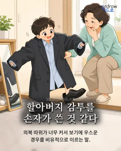 한국어 속담 “할아버지 감투를 손자가 쓴 것 같다” 1컷 일러스트