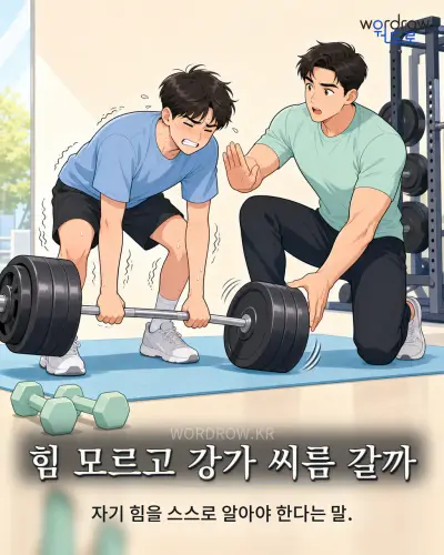 한국어 속담 “힘 모르고 강가 씨름 갈까” 1컷 일러스트