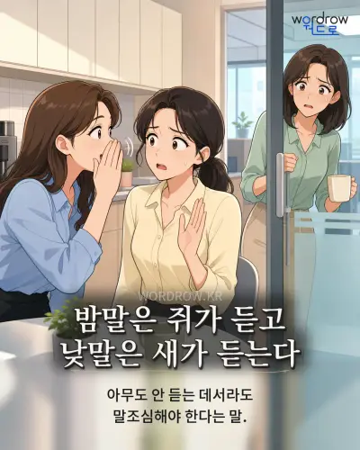 한국어 속담 “밤말은 쥐가 듣고 낮말은 새가 듣는다”를 한 장면으로 담은 1컷 일러스트