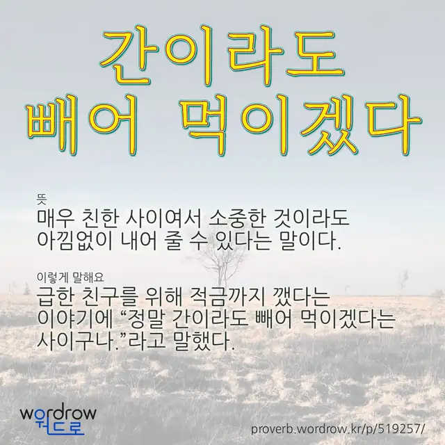 “간이라도 빼어 먹이겠다” 글씨와 뜻·예문이 완성된 속담 영상 포스터