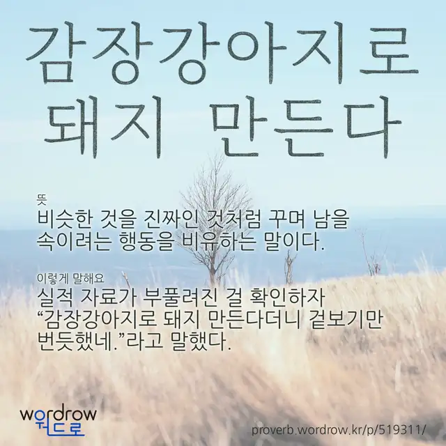 “감장강아지로 돼지 만든다” 글씨와 뜻·예문이 완성된 속담 영상 포스터
