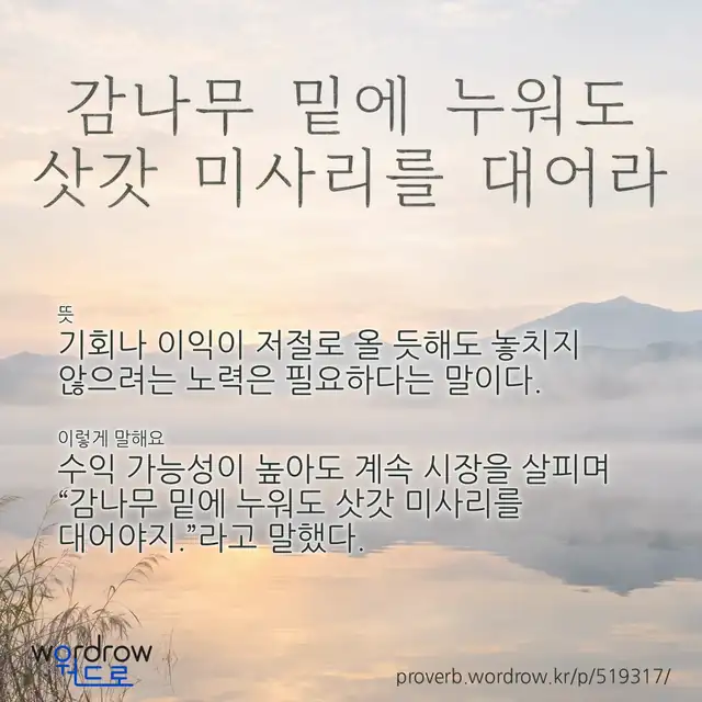 “감나무 밑에 누워도 삿갓 미사리를 대어라” 글씨와 뜻·예문이 완성된 속담 영상 포스터