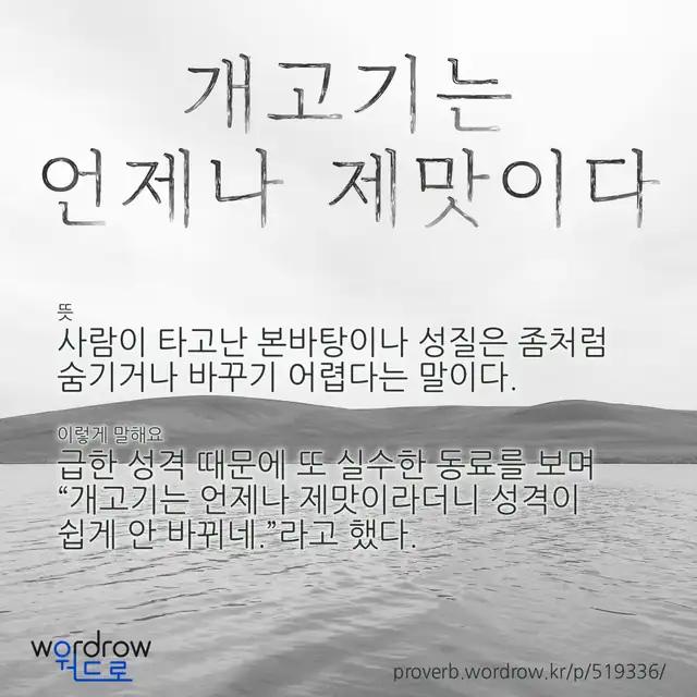 “개고기는 언제나 제맛이다” 글씨와 뜻·예문이 완성된 속담 영상 포스터
