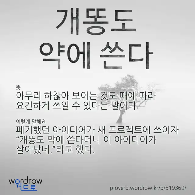 “개똥도 약에 쓴다” 글씨와 뜻·예문이 완성된 속담 영상 포스터