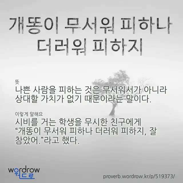 “개똥이 무서워 피하나 더러워 피하지” 글씨와 뜻·예문이 완성된 속담 영상 포스터