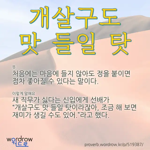 “개살구도 맛 들일 탓” 글씨와 뜻·예문이 완성된 속담 영상 포스터