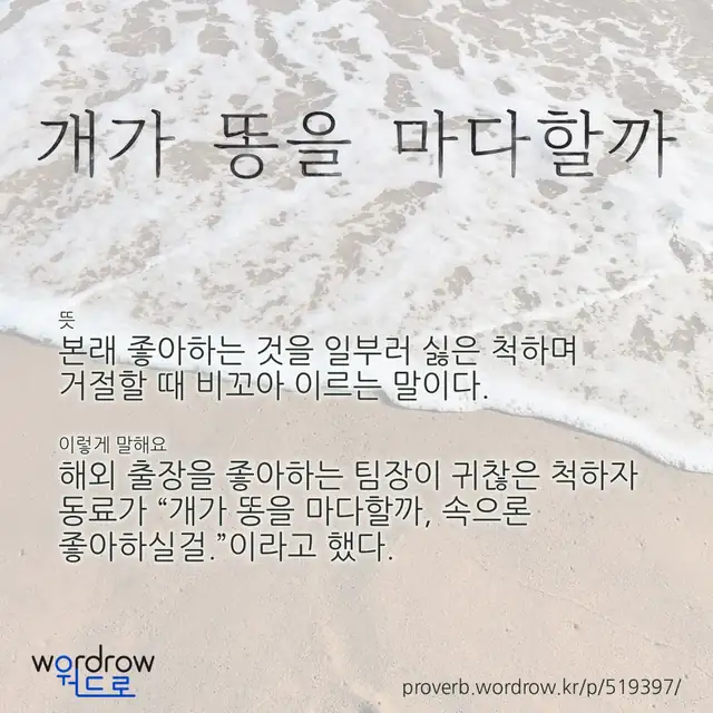 “개가 똥을 마다할까” 글씨와 뜻·예문이 완성된 속담 영상 포스터