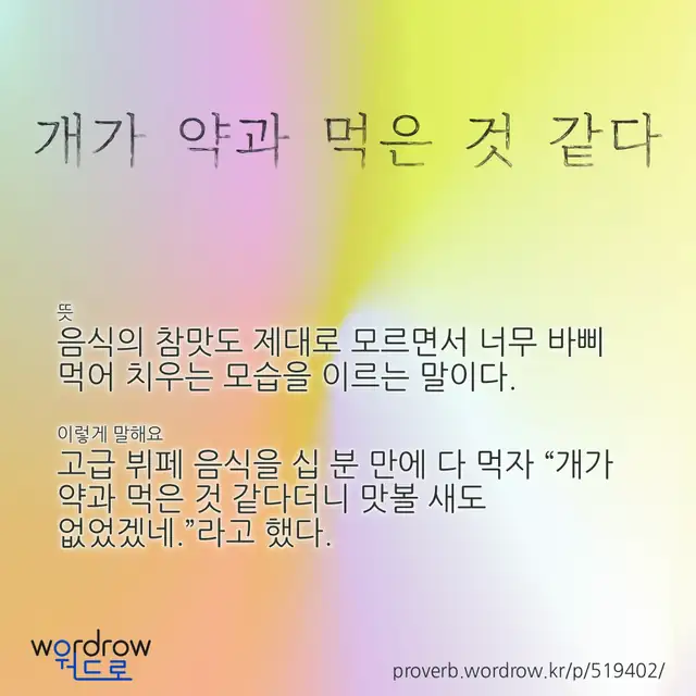 “개가 약과 먹은 것 같다” 글씨와 뜻·예문이 완성된 속담 영상 포스터