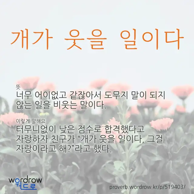 “개가 웃을 일이다” 글씨와 뜻·예문이 완성된 속담 영상 포스터