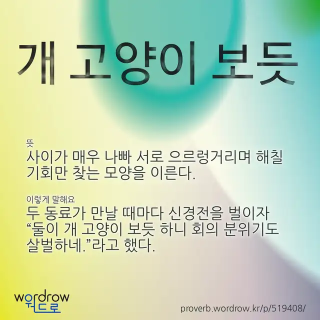 “개 고양이 보듯” 글씨와 뜻·예문이 완성된 속담 영상 포스터
