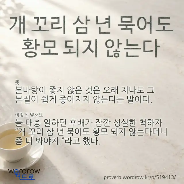 “개 꼬리 삼 년 묵어도 황모 되지 않는다” 글씨와 뜻·예문이 완성된 속담 영상 포스터