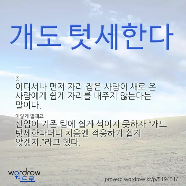 “개도 텃세한다” 글씨와 뜻·예문이 완성된 속담 영상 포스터