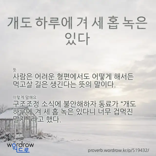 “개도 하루에 겨 세 홉 녹은 있다” 글씨와 뜻·예문이 완성된 속담 영상 포스터