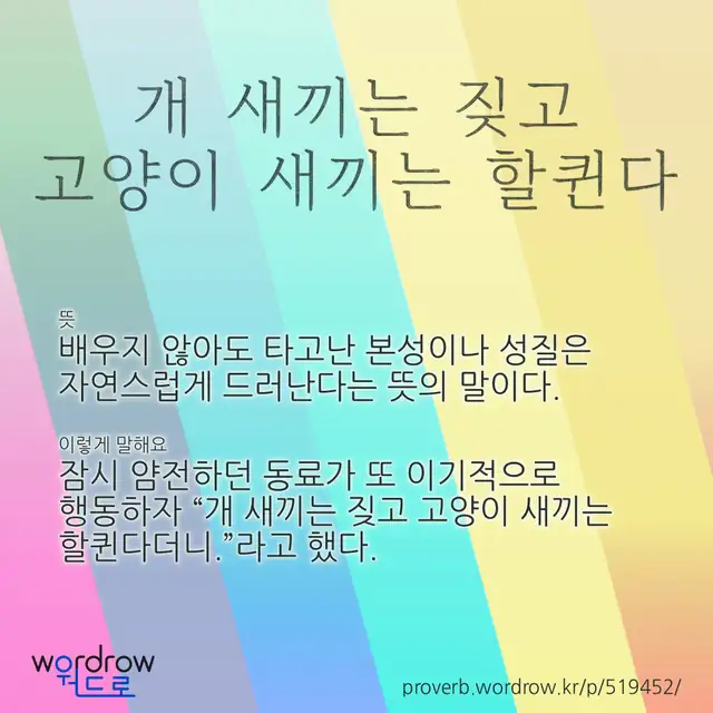 “개 새끼는 짖고 고양이 새끼는 할퀸다” 글씨와 뜻·예문이 완성된 속담 영상 포스터