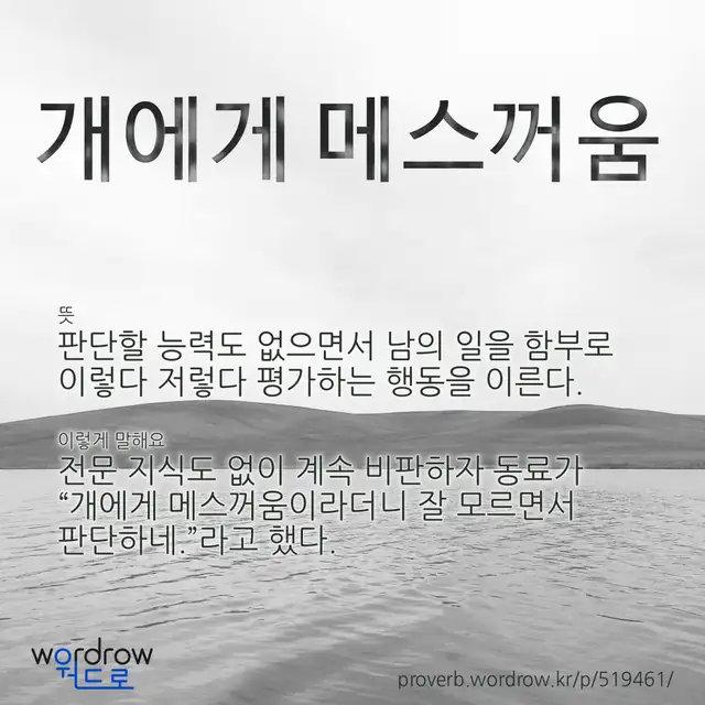“개에게 메스꺼움” 글씨와 뜻·예문이 완성된 속담 영상 포스터