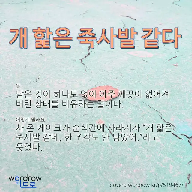 “개 핥은 죽사발 같다” 글씨와 뜻·예문이 완성된 속담 영상 포스터