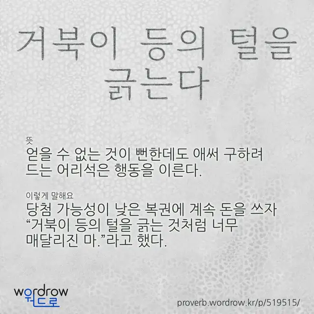 “거북이 등의 털을 긁는다” 글씨와 뜻·예문이 완성된 속담 영상 포스터