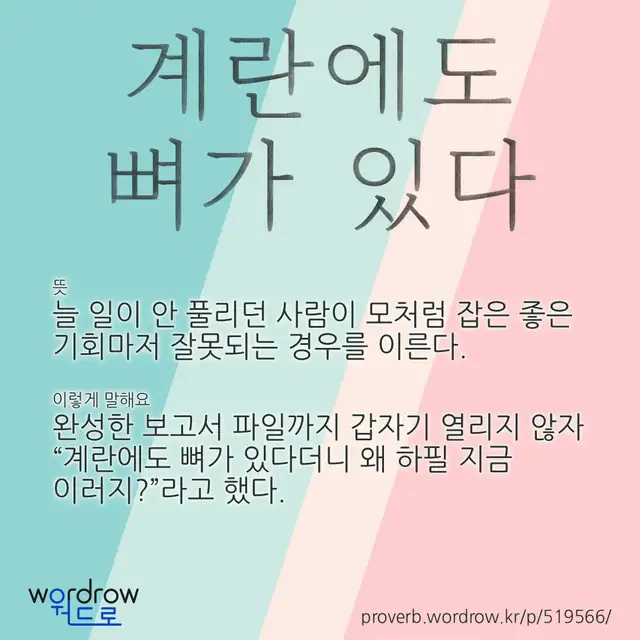 “계란에도 뼈가 있다” 글씨와 뜻·예문이 완성된 속담 영상 포스터
