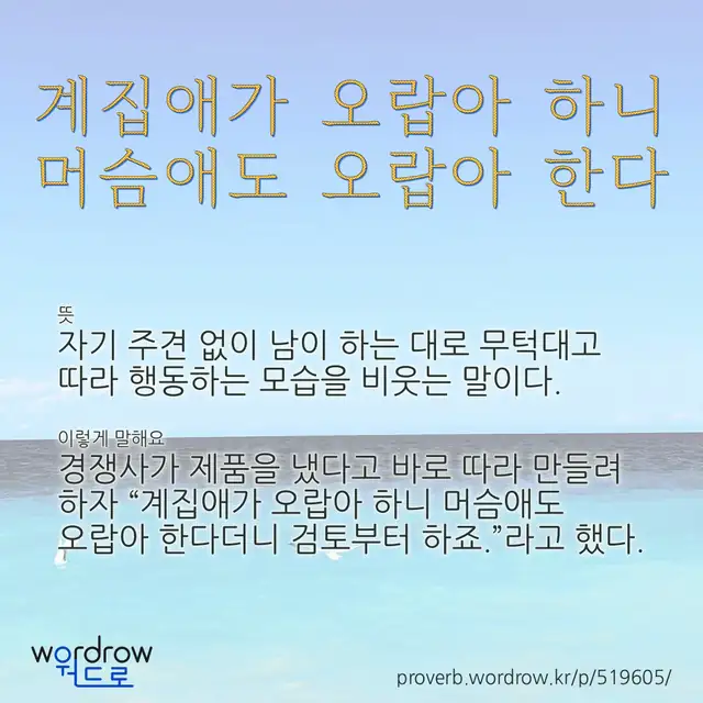 “계집애가 오랍아 하니 머슴애도 오랍아 한다” 글씨와 뜻·예문이 완성된 속담 영상 포스터
