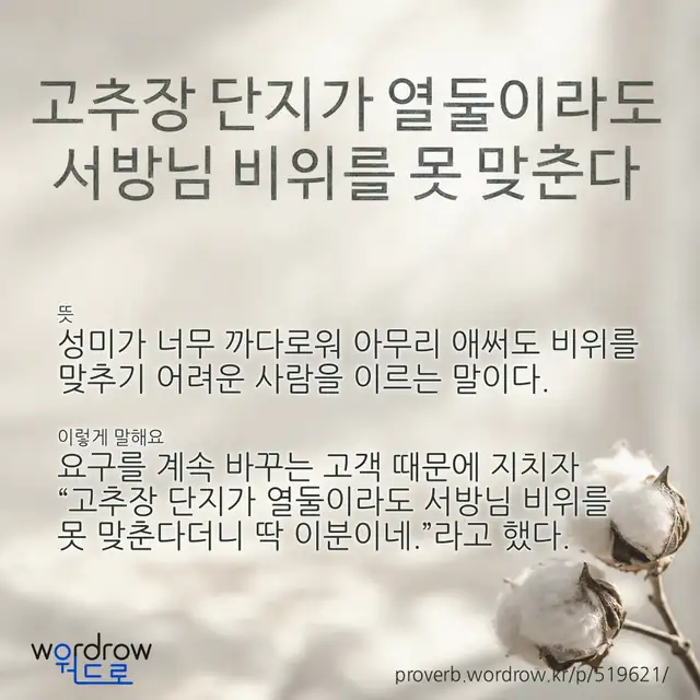 “고추장 단지가 열둘이라도 서방님 비위를 못 맞춘다” 글씨와 뜻·예문이 완성된 속담 영상 포스터