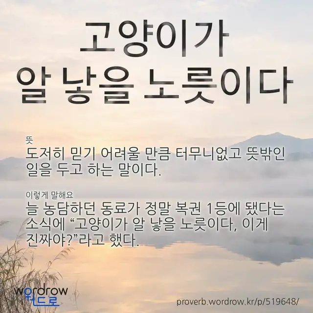 “고양이가 알 낳을 노릇이다” 글씨와 뜻·예문이 완성된 속담 영상 포스터