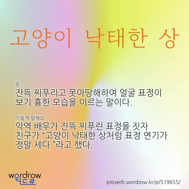 “고양이 낙태한 상” 글씨와 뜻·예문이 완성된 속담 영상 포스터