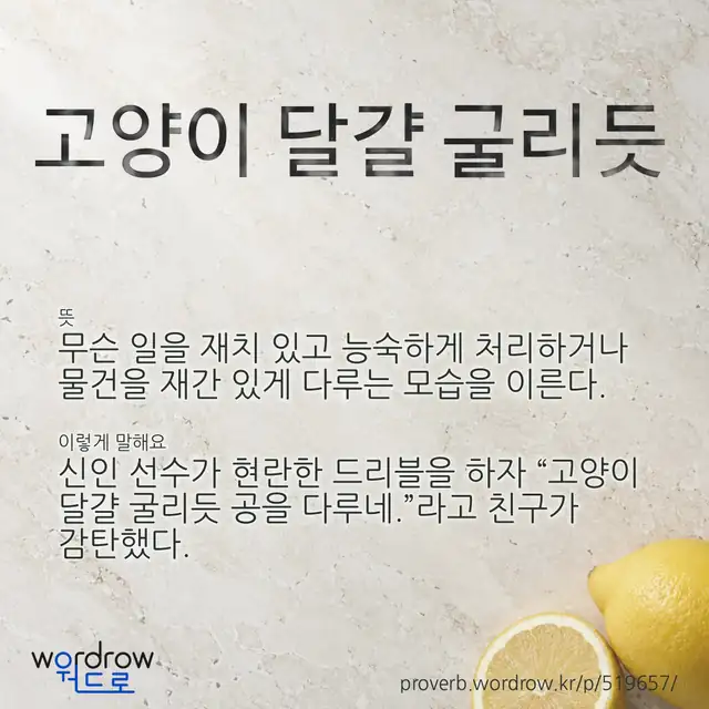 “고양이 달걀 굴리듯” 글씨와 뜻·예문이 완성된 속담 영상 포스터